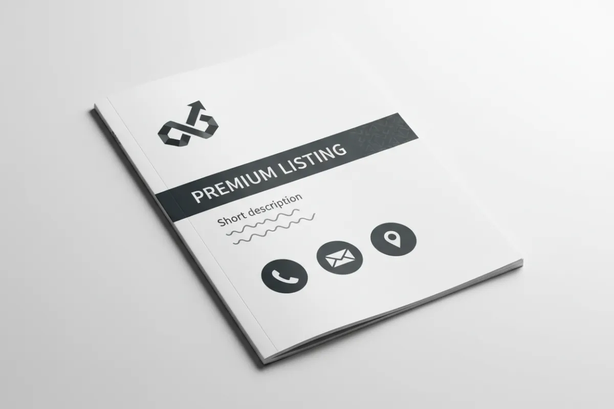 Magazine-style premium listing mockup showing logo, description and contact buttons on a clean white page
