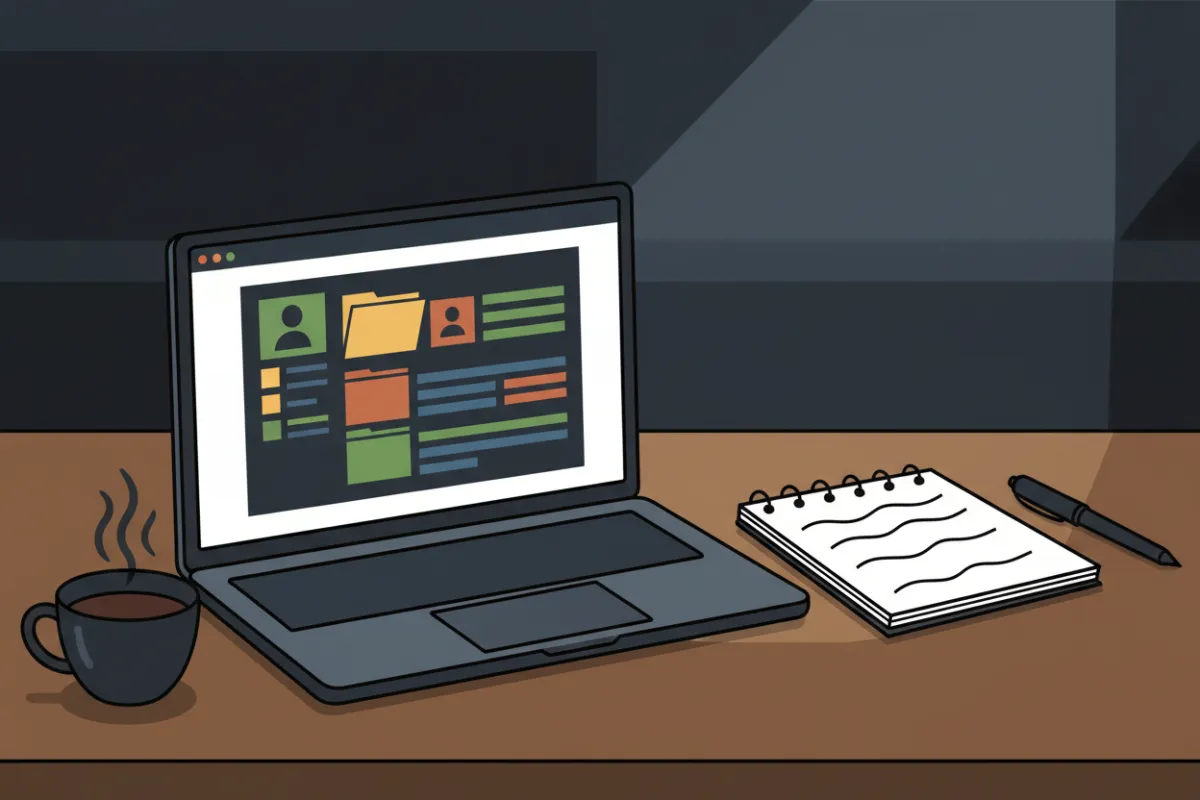 Illustrated desk scene with laptop, notepad and coffee, suggesting editorial support activity.