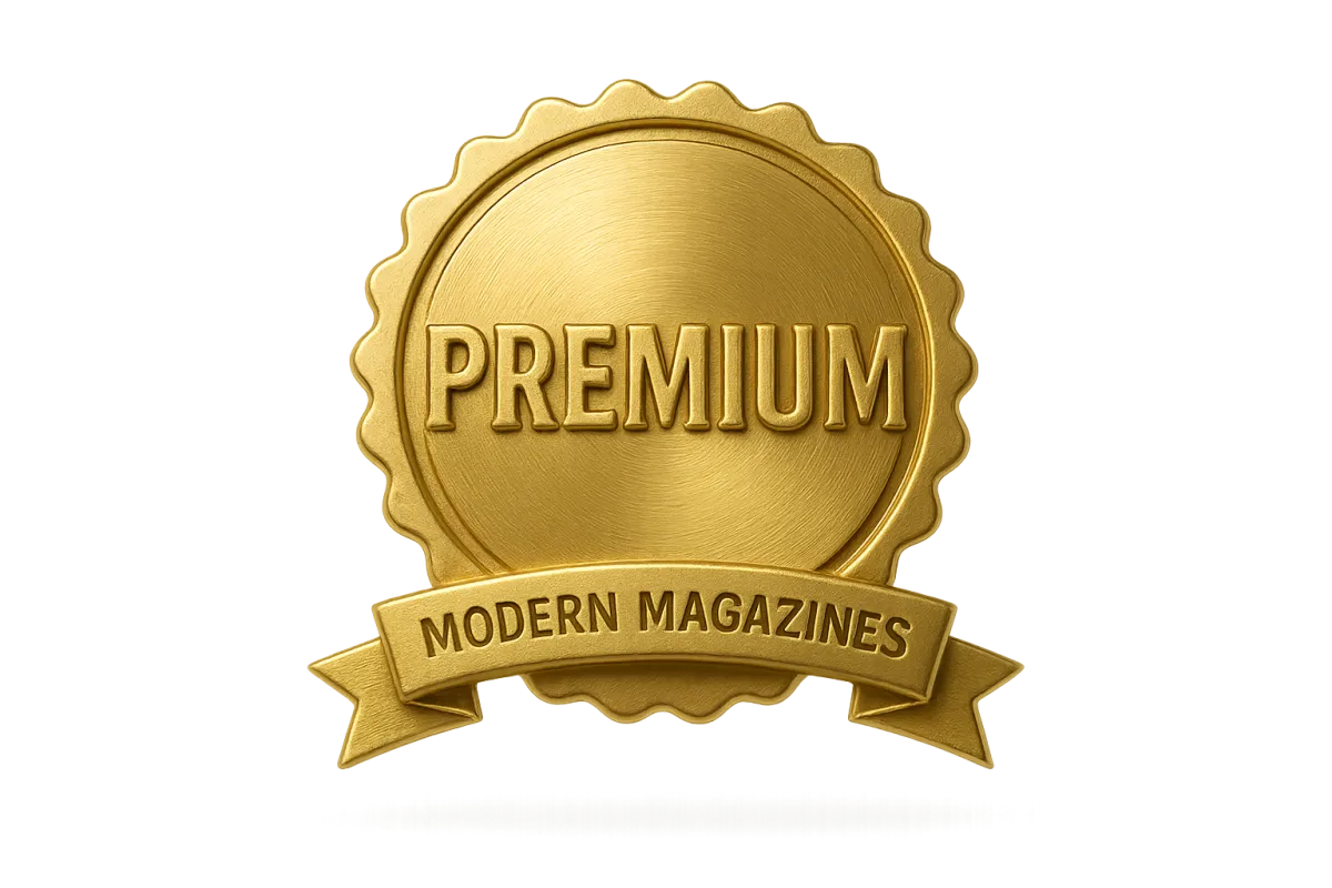 Metallic gold 'Premium' badge with a 'Modern Magazines' ribbon on a transparent background.