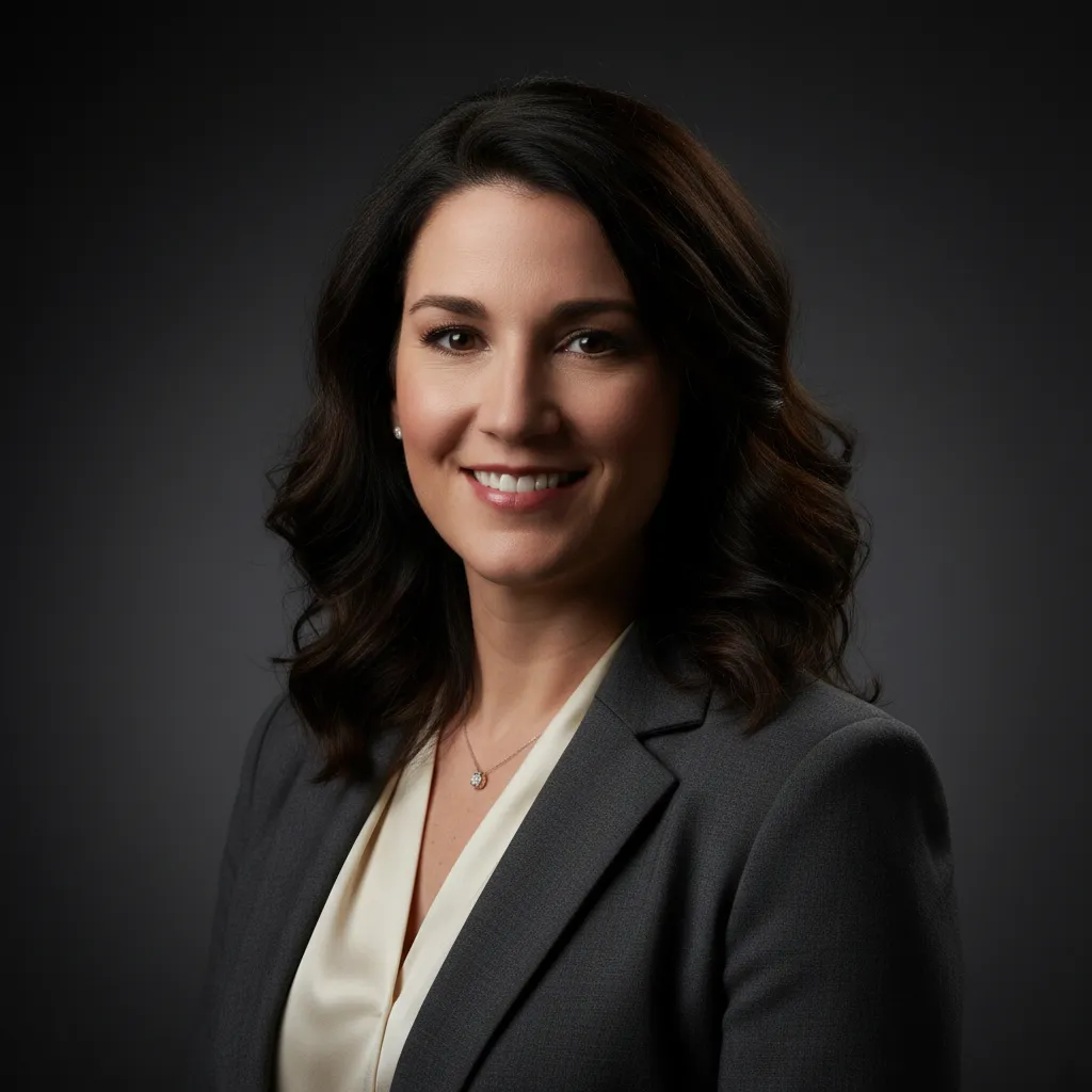 Head-and-shoulders portrait of a confident woman in her late 30s with a friendly professional expression.