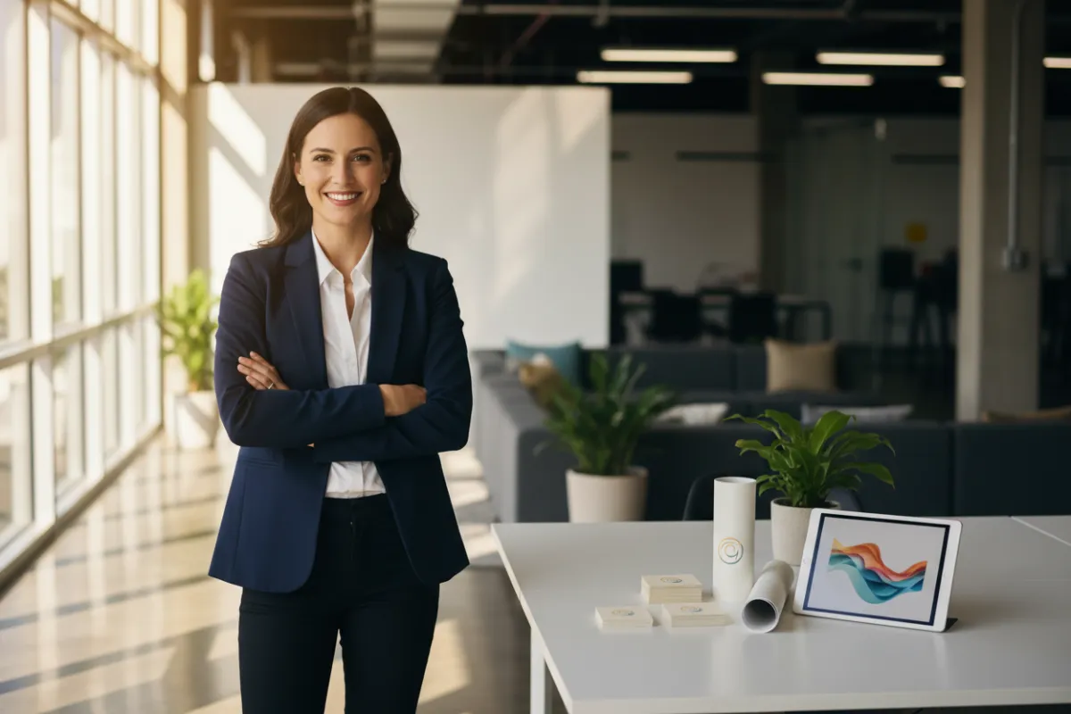 Confident small business owner standing in a modern workspace, sunlight streaming through large windows, with branding materials on the desk. The scene is vibrant, professional, and welcoming, emphasizing clarity and approachability. 3:2 aspect ratio.