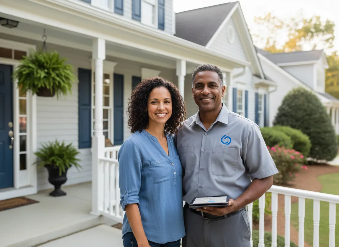 Happy homeowner with local home service professional