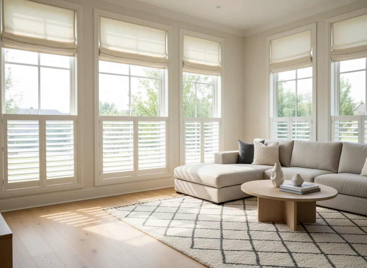 Installed shutters and blinds in bright living room