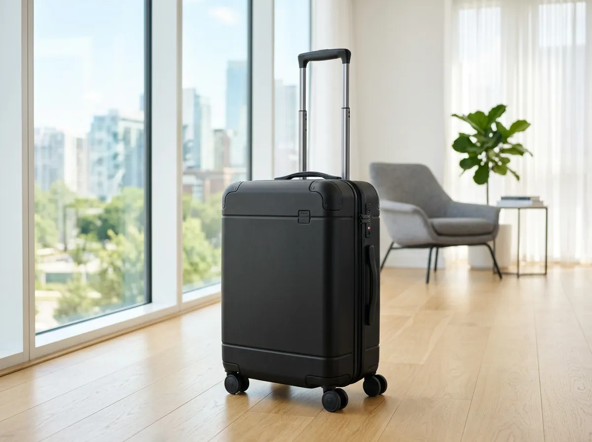 A black rolling suitcase standing upright in a bright room.