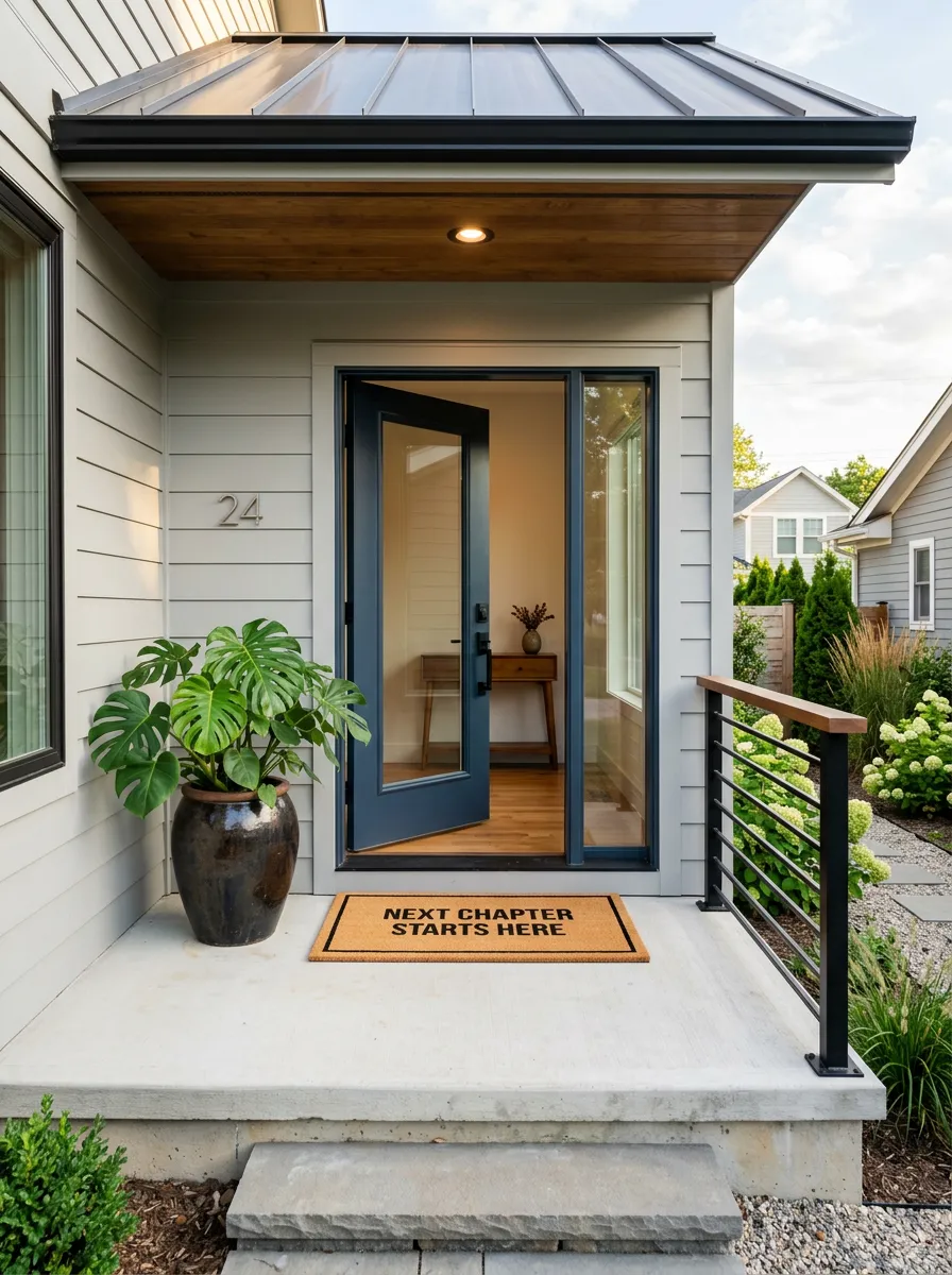 Front porch of a house with a potted plant and a doormat that reads 'Next Chapter Starts Here'