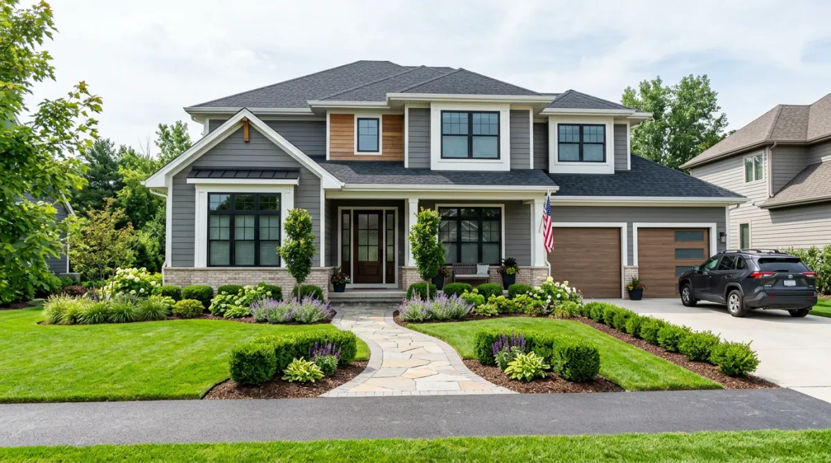 Front exterior view of a neat suburban house with manicured landscaping.