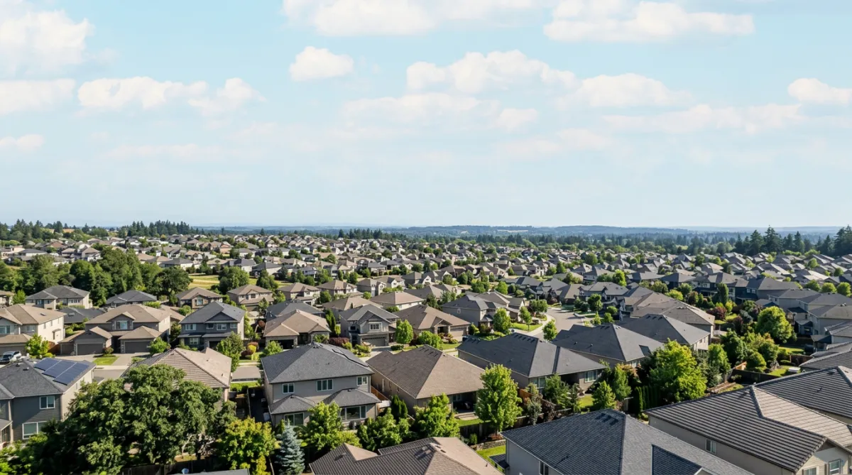 View of suburban rooftops against a pale blue sky.