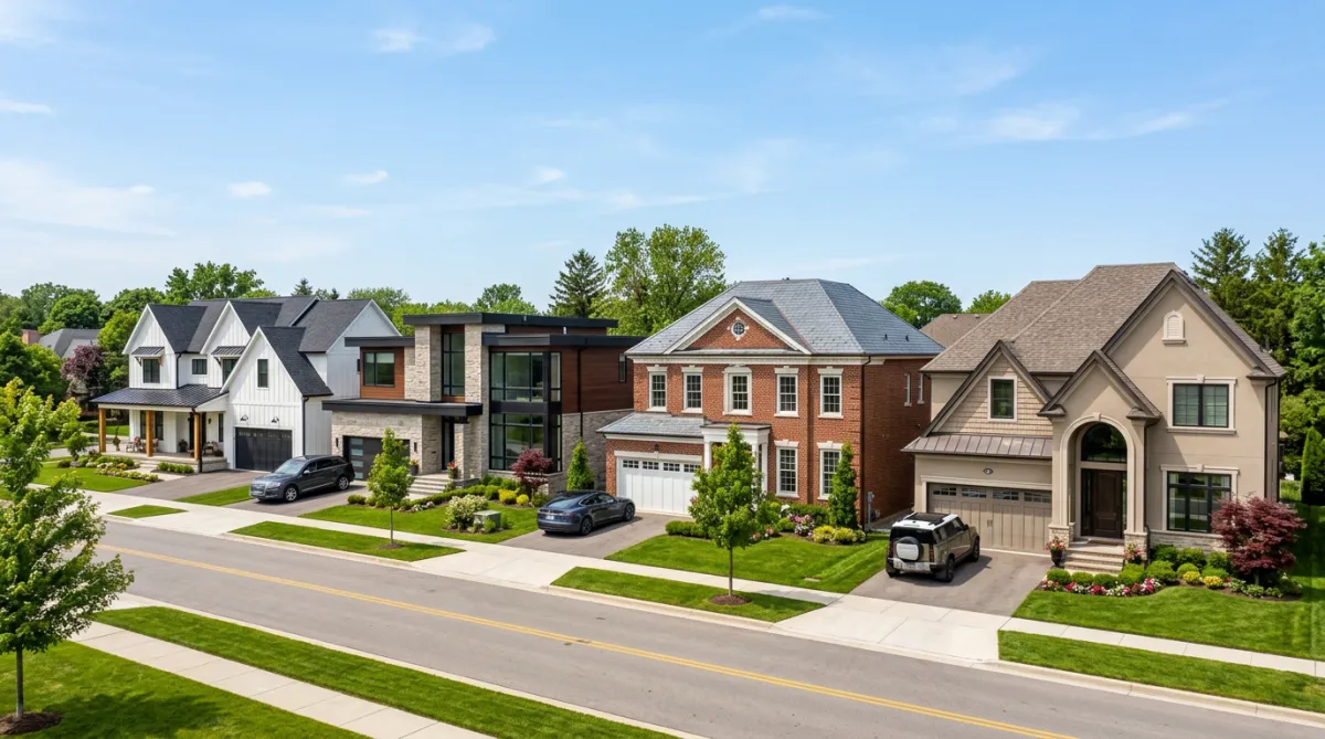 A row of upscale suburban homes showing diverse architectural styles.