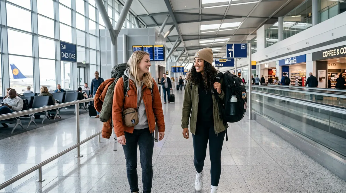 Two young travelers with backpacks walking through a modern airport terminal.