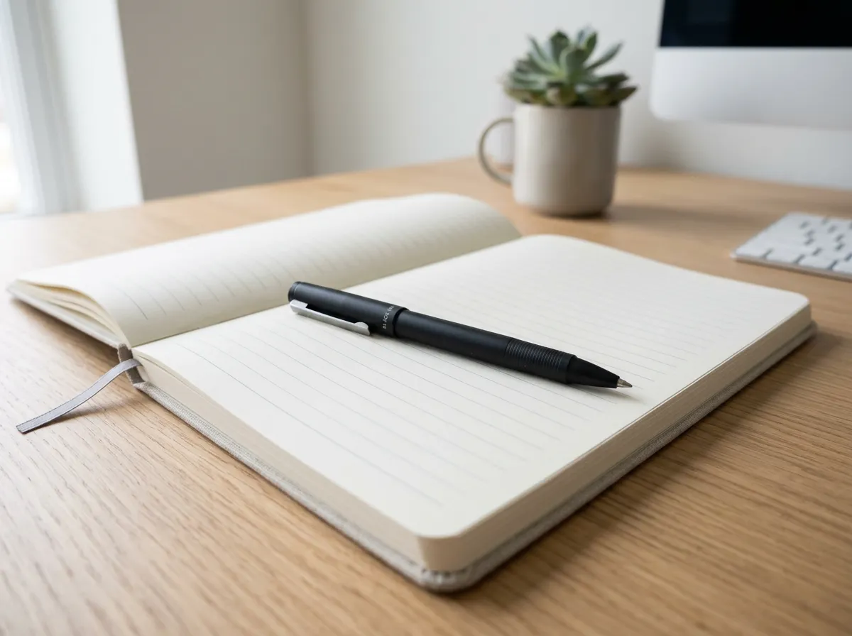 A black pen resting on top of a notepad.