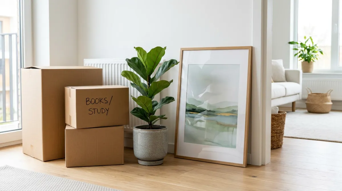 Moving boxes, a potted plant, and a framed picture staged on a floor.