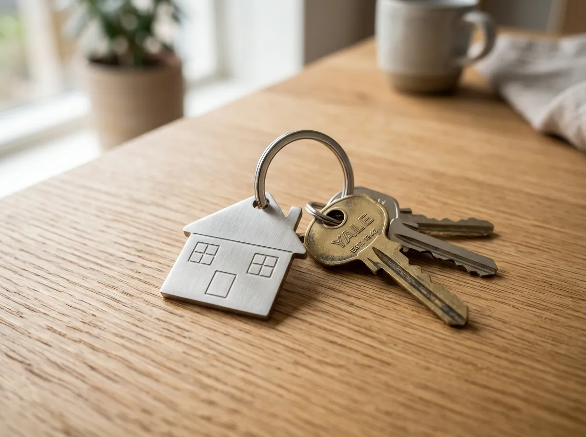 Keys attached to a small metal house-shaped keychain resting on a wooden surface.