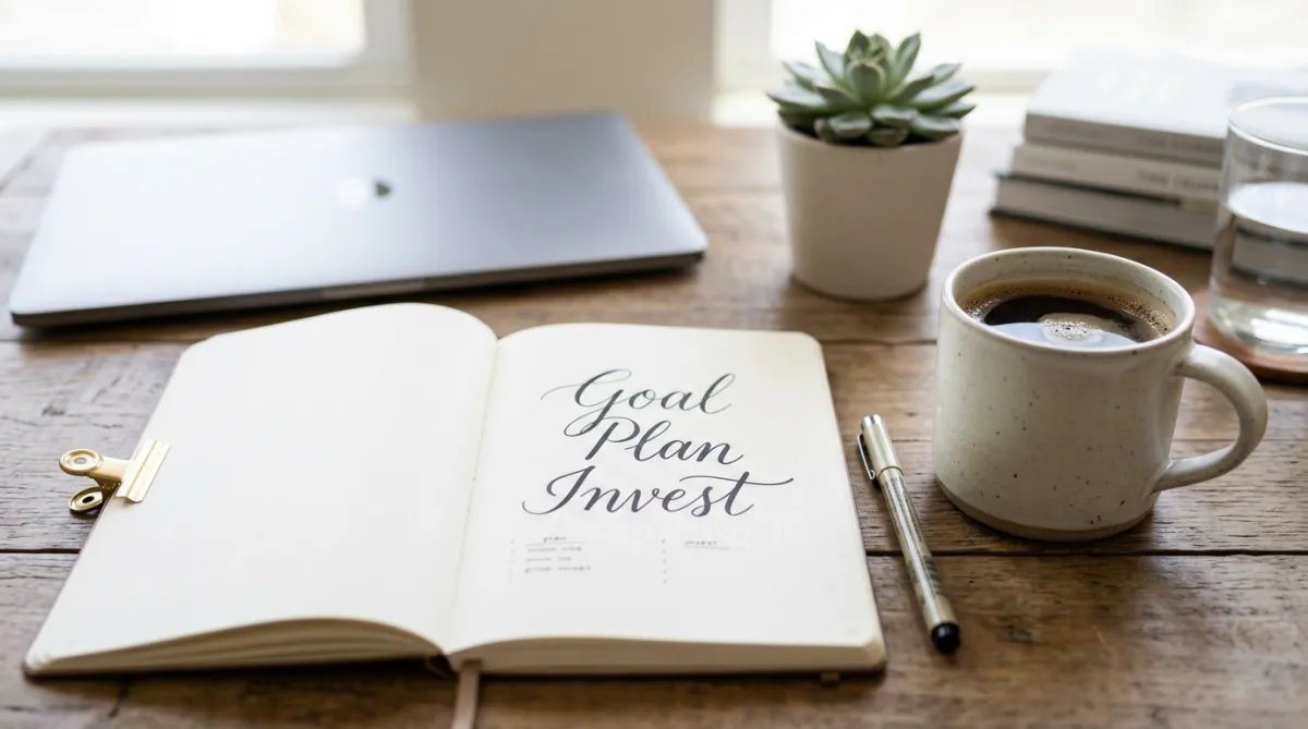 Notebook page with 'Goal Plan Invest' written in script, placed next to a mug of coffee.