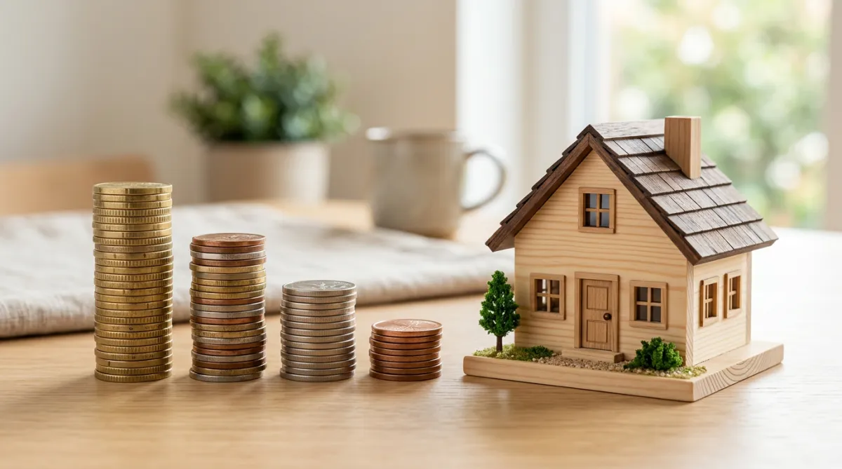 Stacks of coins decreasing in size next to a small wooden house model.