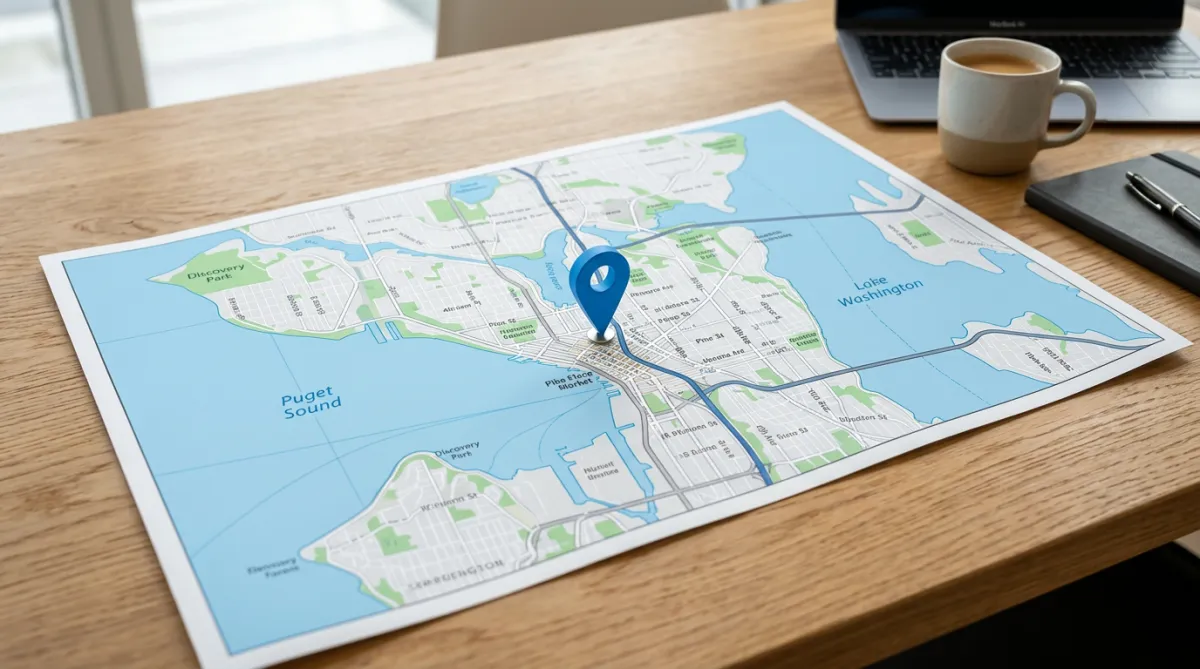 A map lying on a table with a blue location pin marker resting on it.