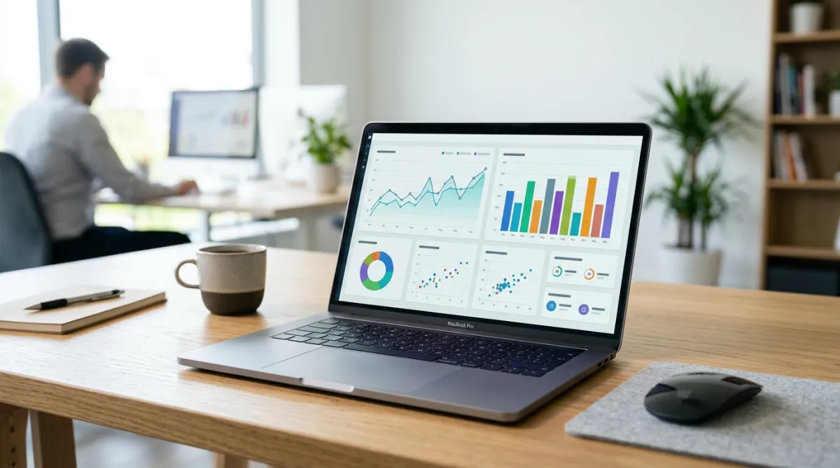 A laptop open on a desk displaying graphs and charts.