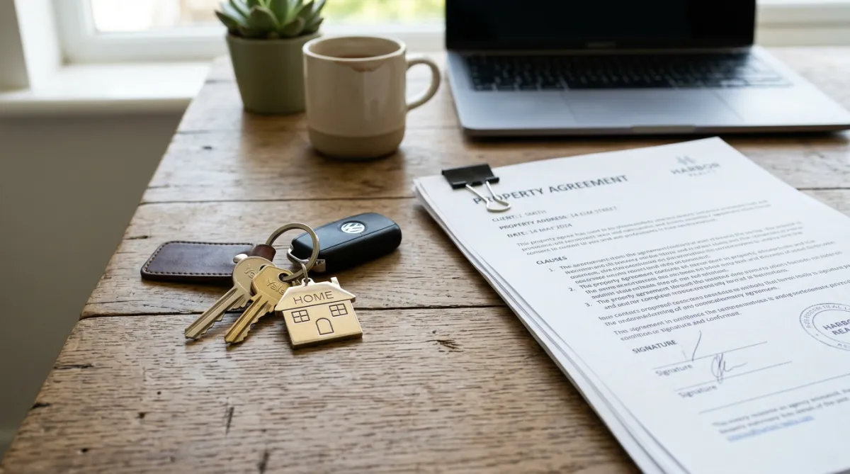 A set of keys shaped like a house resting on a wooden surface next to paperwork.