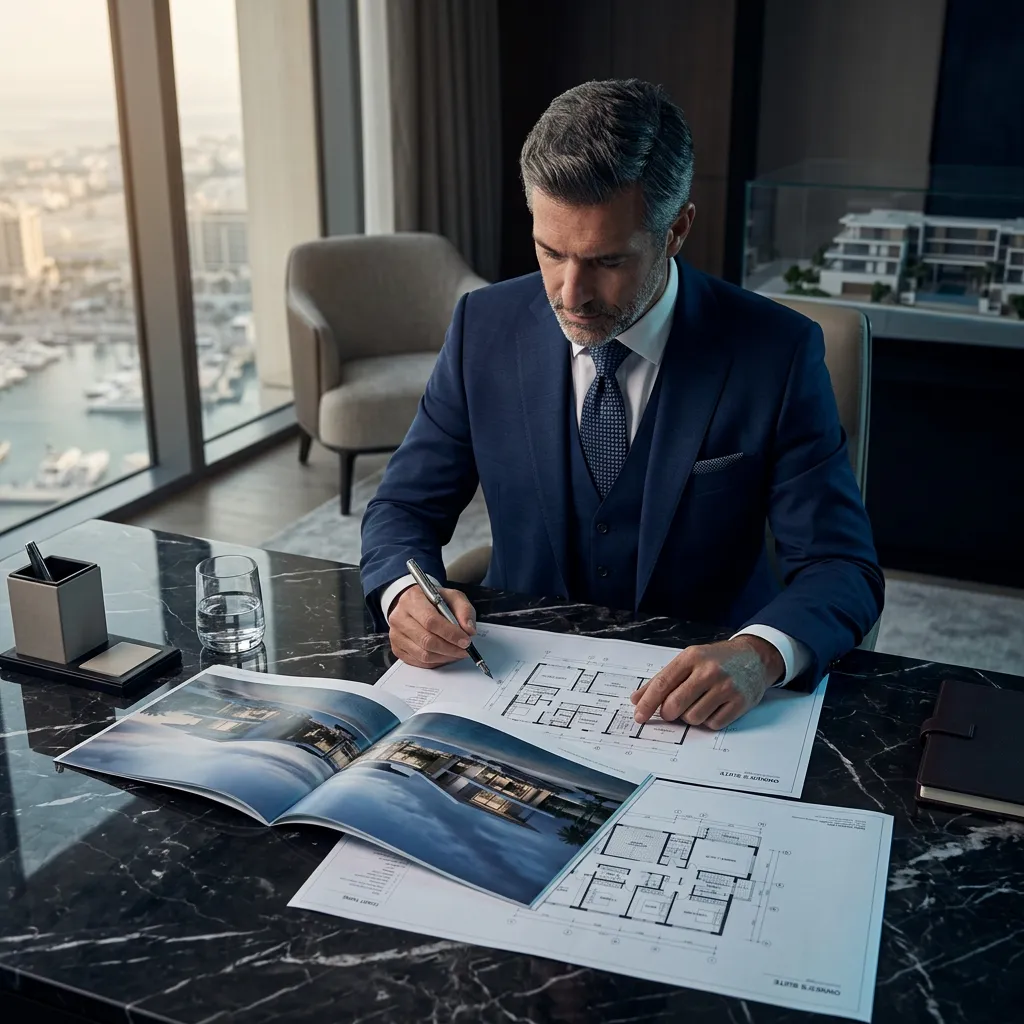 Investitorë dhe blerës elitarë duke shqyrtuar broshurën luksoze të projektit në Emiratet e Bashkuara Arabe