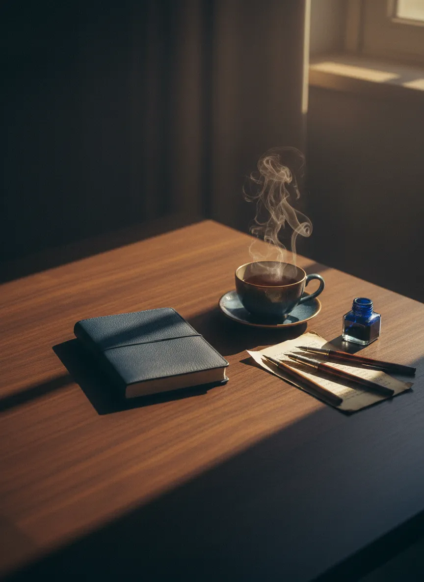 Atmosphère calme et inspirante de bureau avec éléments naturels, carnets et stylos