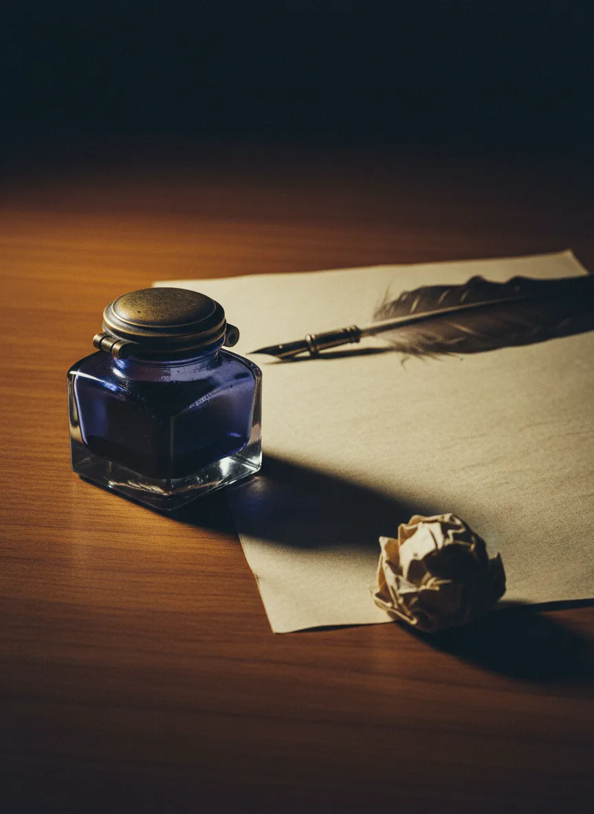 A quiet visual of a writing desk or crumpled paper representing writer's block