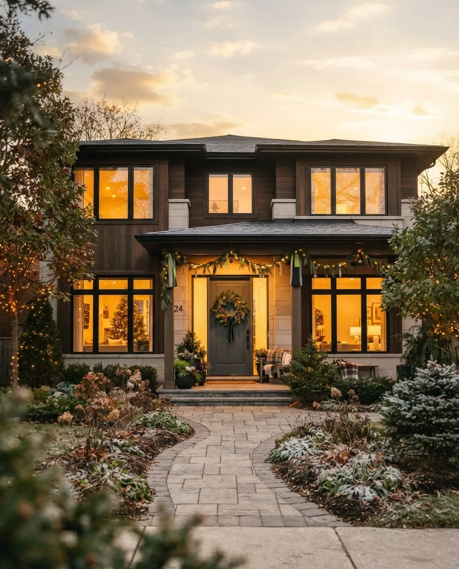 Welcoming warm family home exterior with subtle festive Christmas door wreath and garden lights