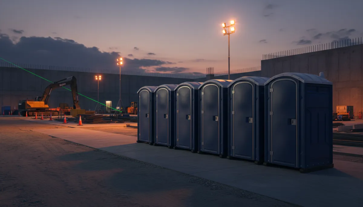 Portable restrooms lined up on an industrial job site at dusk