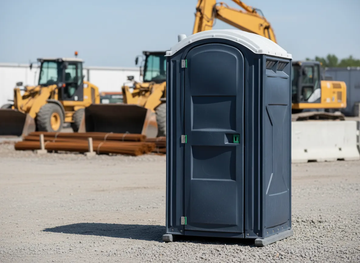 Standard blue portable toilets at a construction site