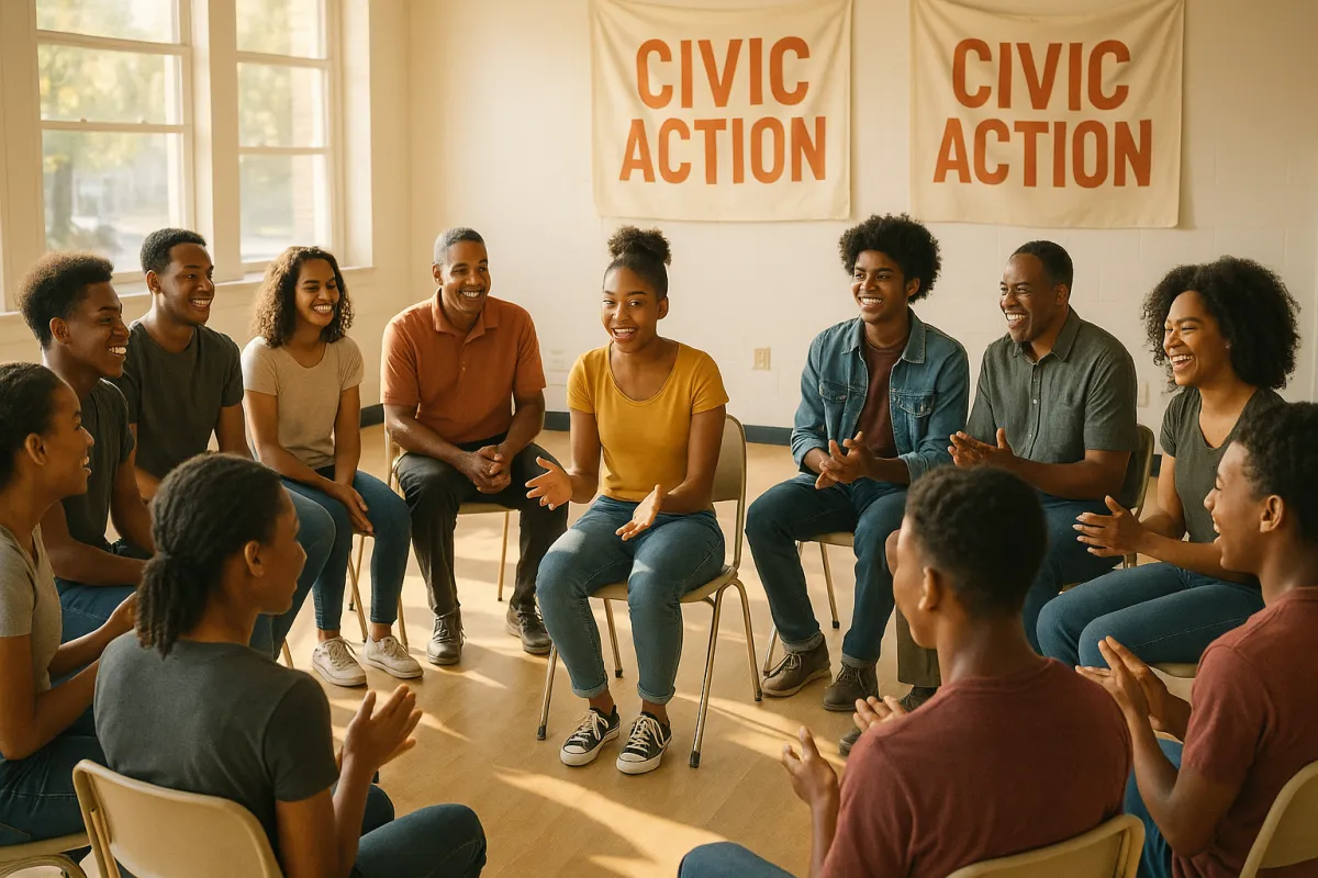 Community members of diverse ages engaged in an interactive civic workshop at a bright community center.