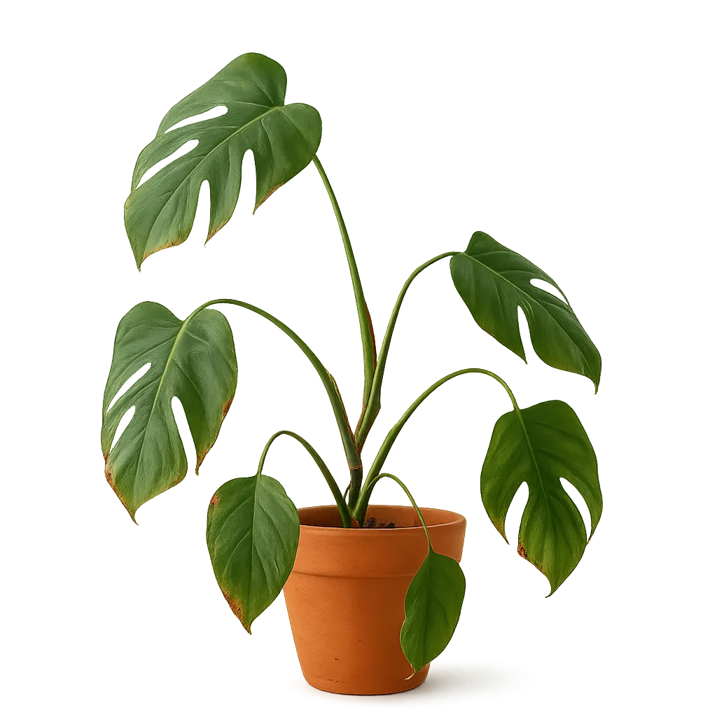 A majestic but slightly drooping Monstera plant in a tactile warm terracotta pot