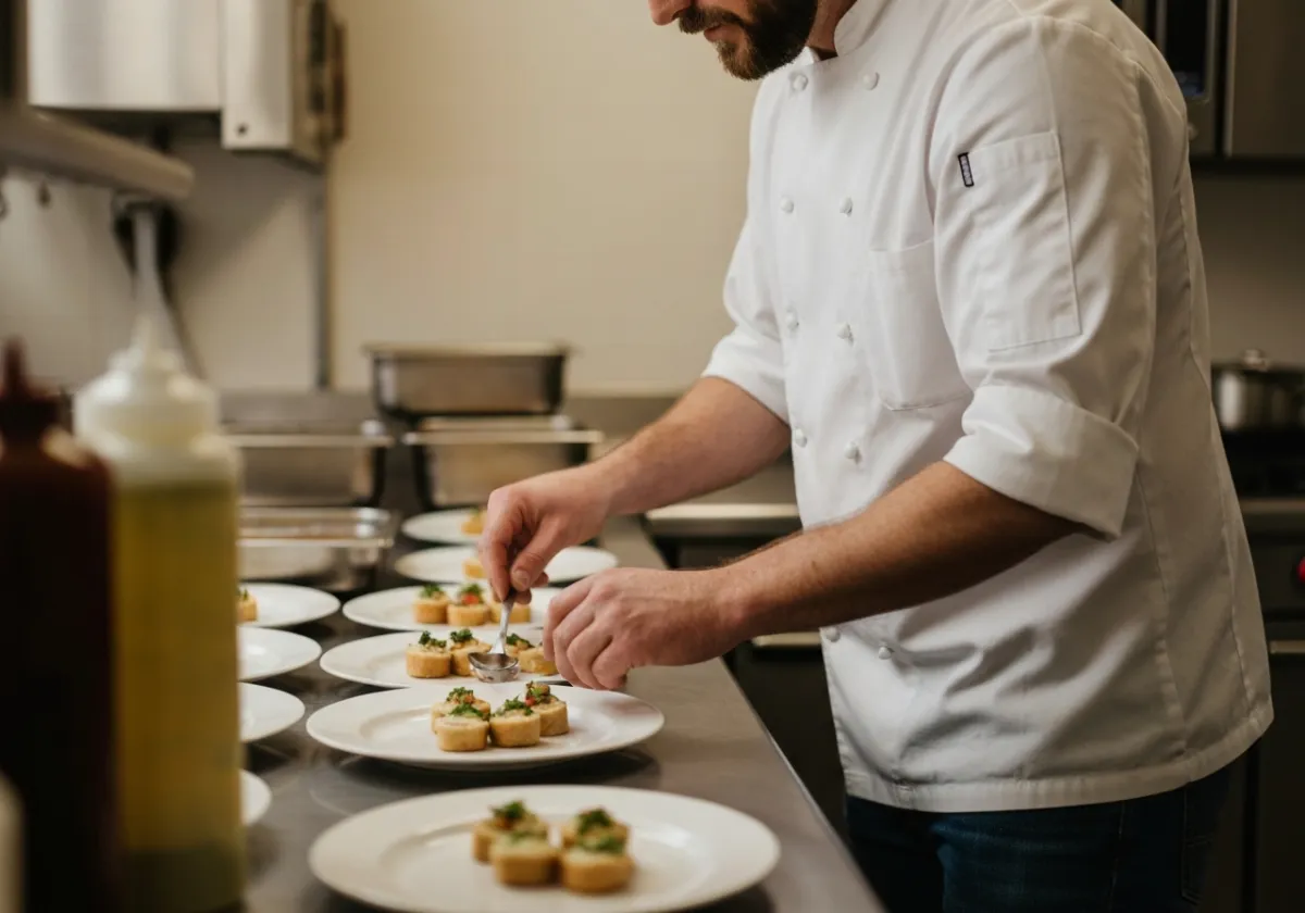 Wedding caterer preparing dishes in a kitchen (New River Valley wedding professional)