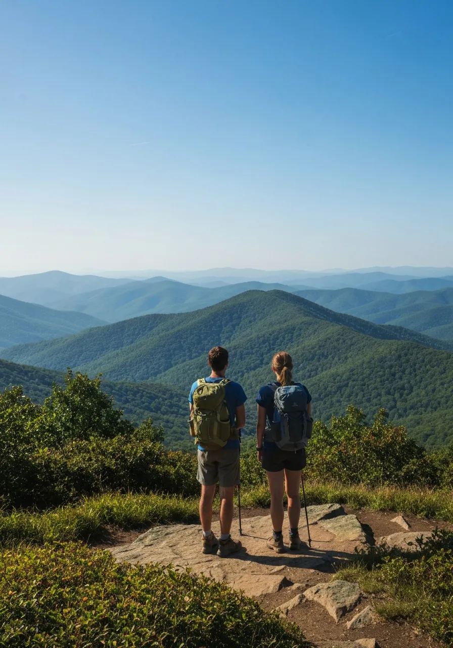 Hikers looking out over a mountain ridge in Virginia