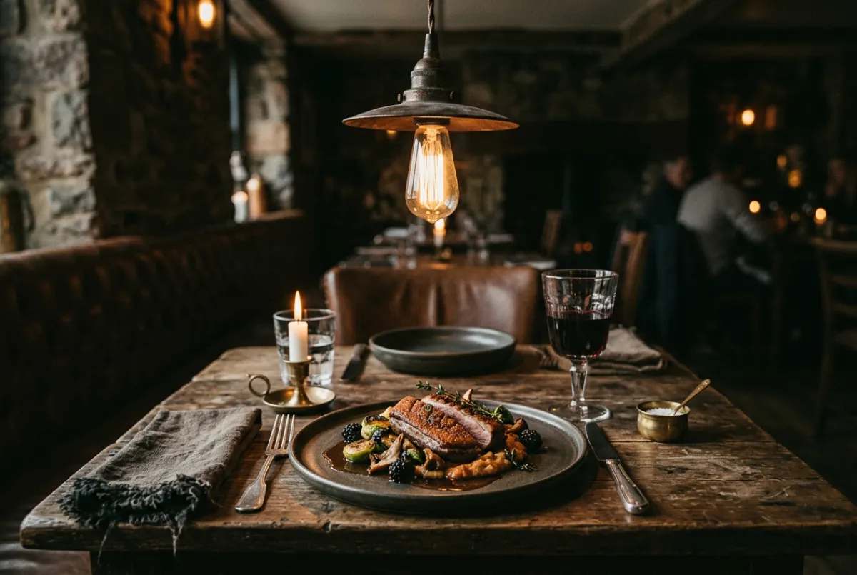 Artisanal farm-to-table cuisine and regional craft brewery table setting