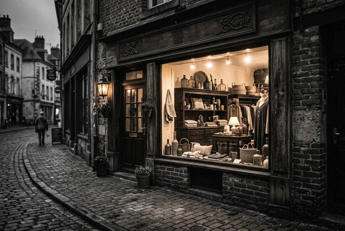 Charming local boutique storefront with handcrafted apparel and goods