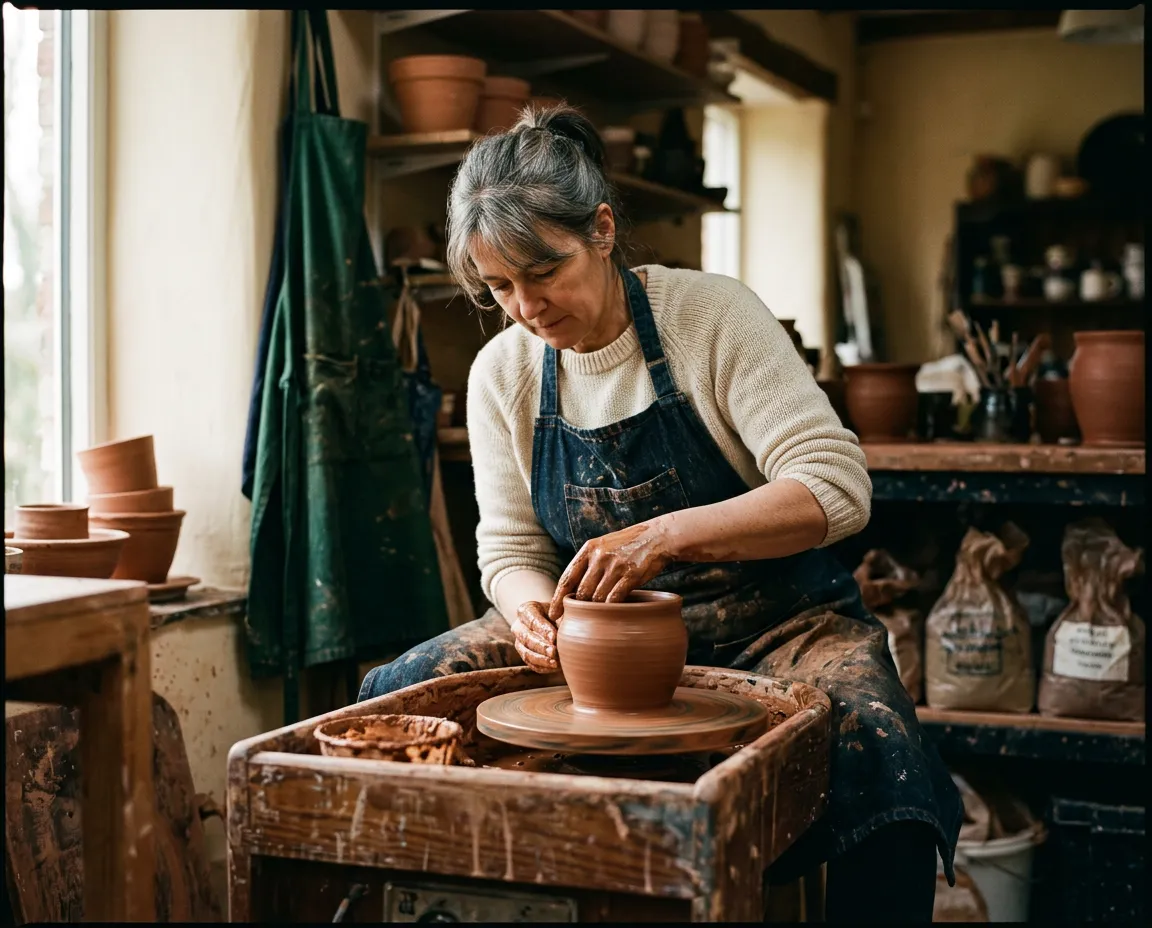 Appalachian craftsman diligently shaping handcrafted pottery on a wheel in a naturally lit workshop