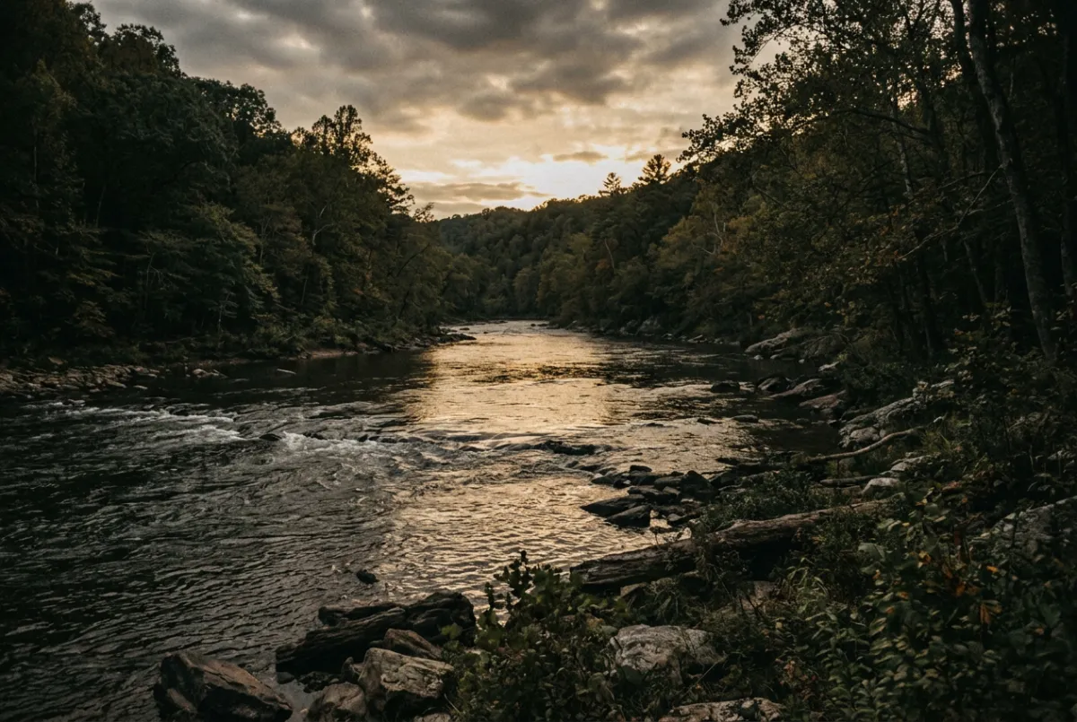 Kayaking and hiking gear near the scenic New River waterway