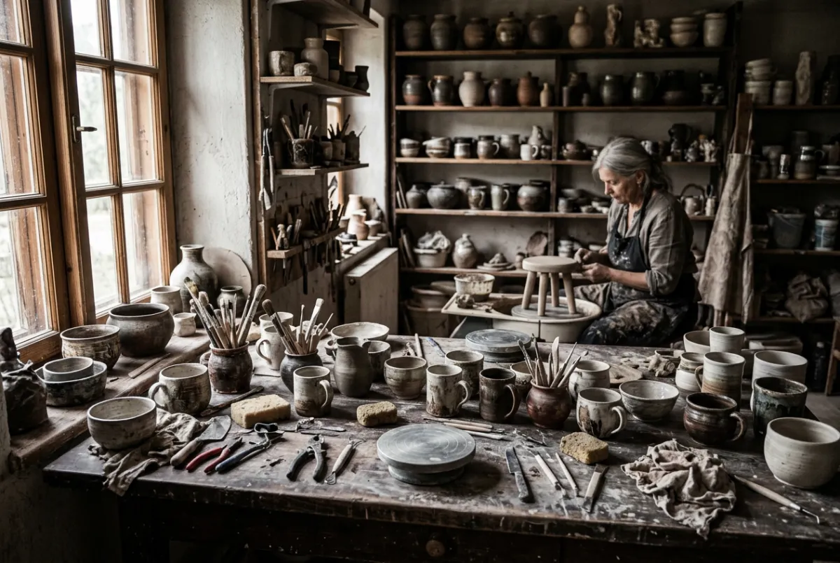 Artisan potter shaping handmade ceramics in a sunlit craft studio