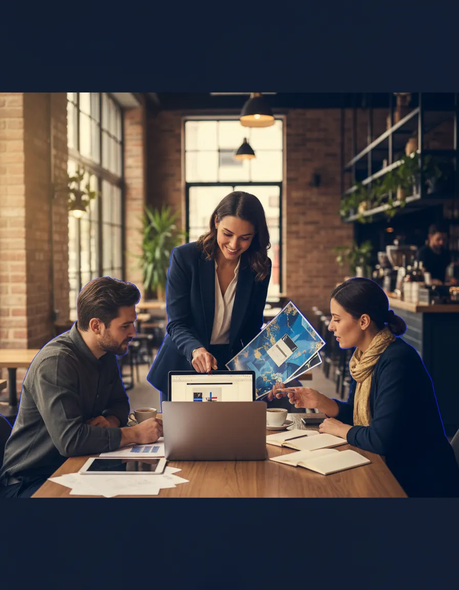 A hospitality manager or small business team reviewing materials together