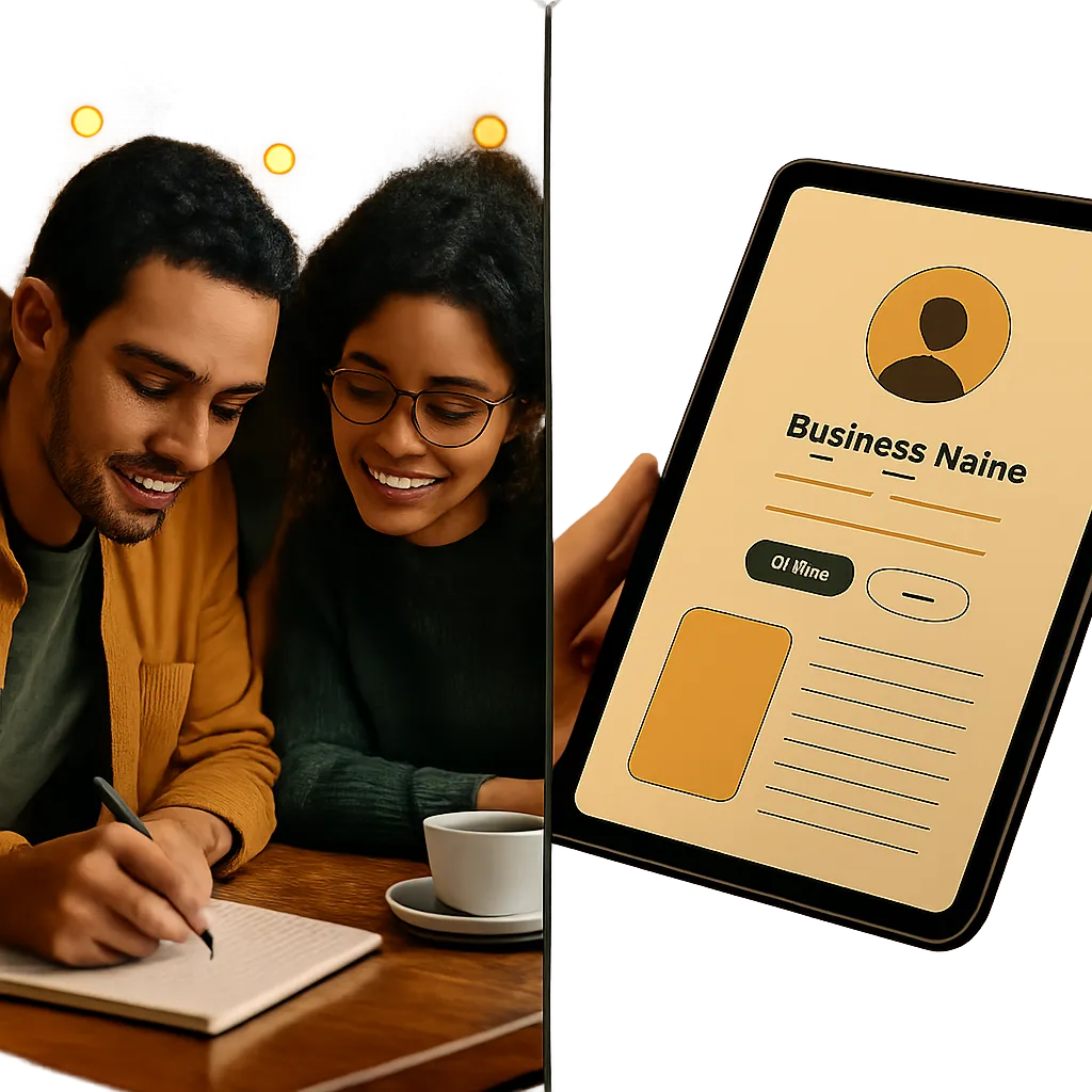 Composite image showing local collaboration and a sleek digital prototype mockup on a tablet
