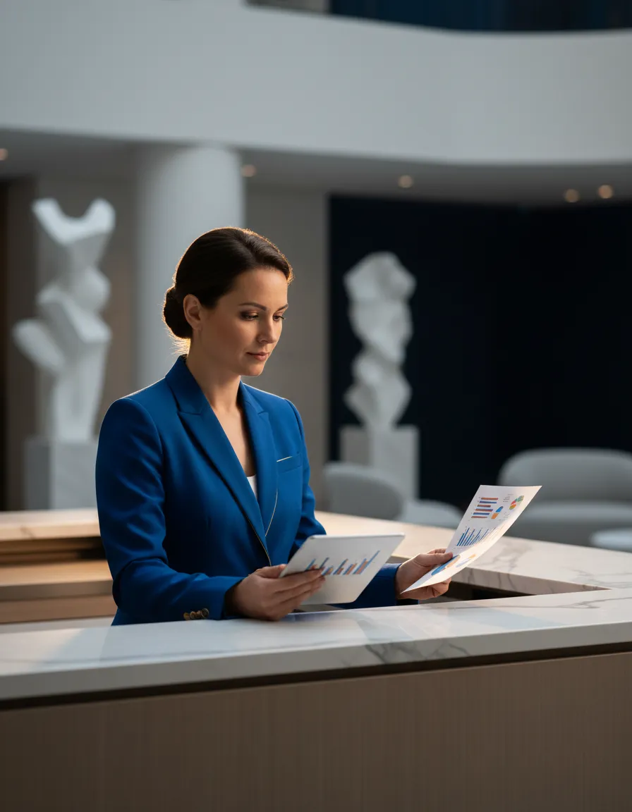 Property manager reviewing analytics and business outcomes