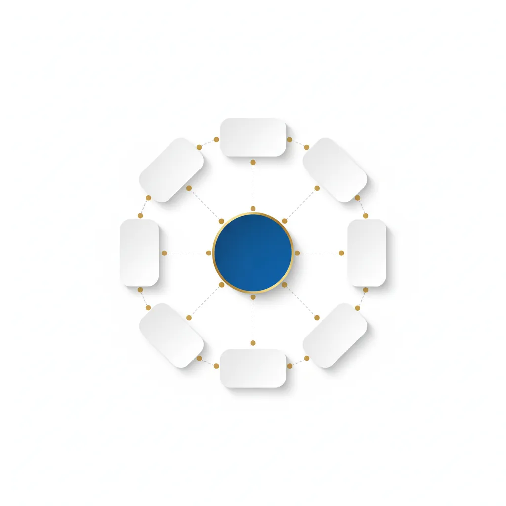Connected System Hub central navy circle with radiating dashed lines and 6 orbital cards representing digital presence strategy