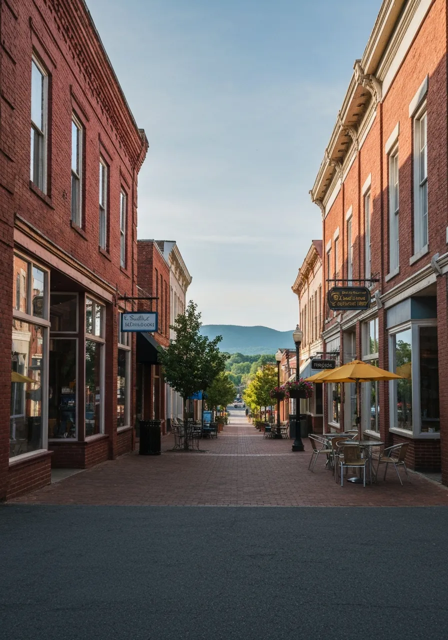 A welcoming local downtown scene with brick buildings and warm lighting