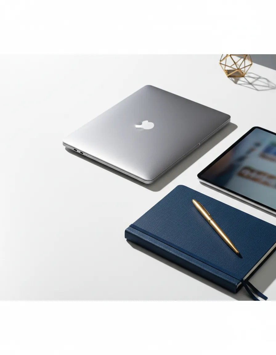 A professional desk workspace ready for a digital marketing audit review