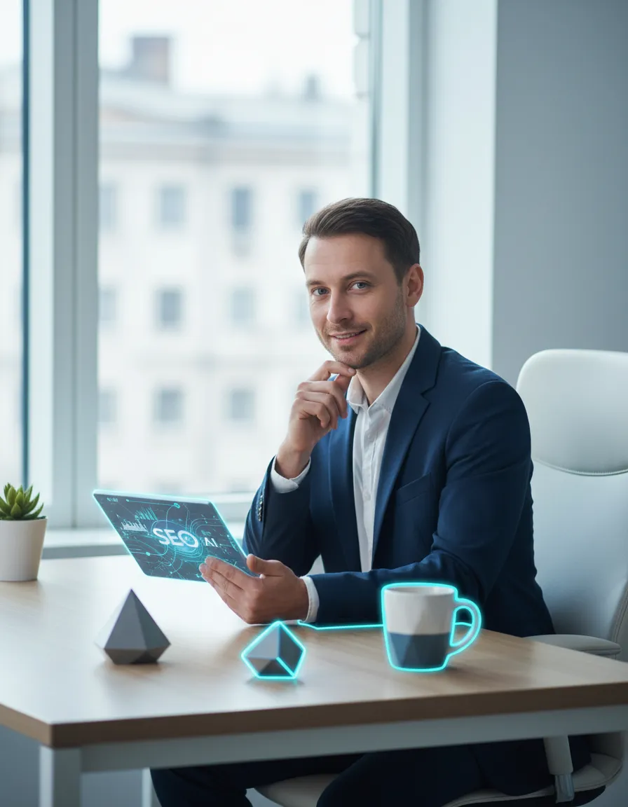 Professional reviewing SEO and AI analytics on a bright workspace