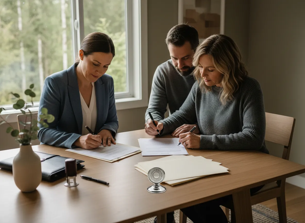 Mobile notary overseeing loan signing at a table