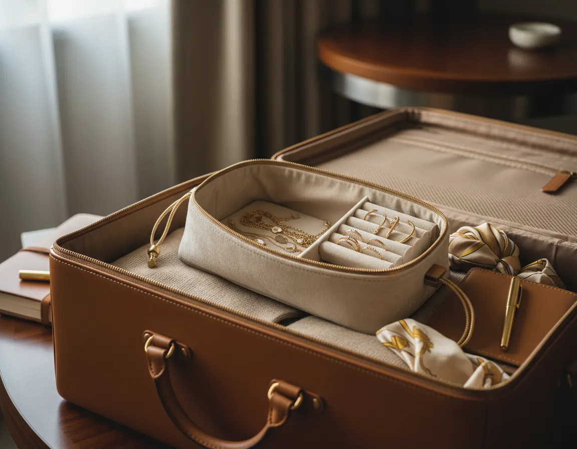 Customer photo of LustreCarry jewelry bag packed for travel.