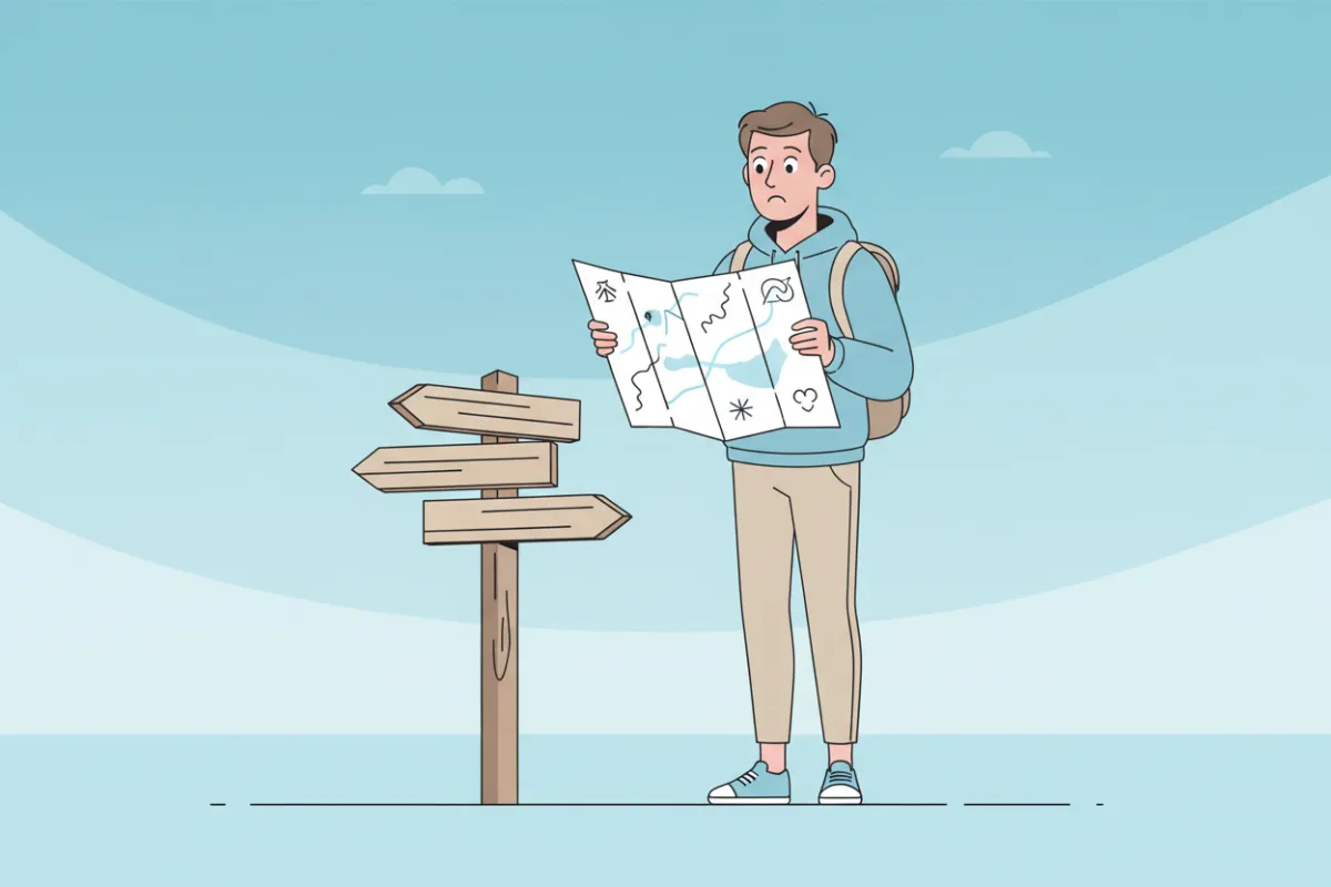 A stylized, modern illustration of a person with a map looking confused at a crossroads sign, set against a soft blue gradient background. The person is mid-30s, gender-neutral, wearing casual clothes, with expressive features. The scene conveys a sense of being lost but hopeful, in a digital art style.