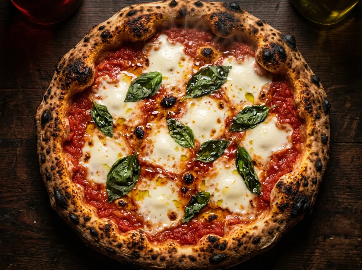 Close-up of Margherita Classica pizza with melted mozzarella and fresh basil