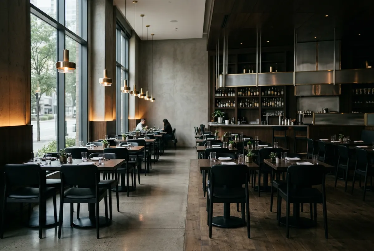 Dim, quiet restaurant dining room with vacant tables and no customer engagement before Growth Plaque