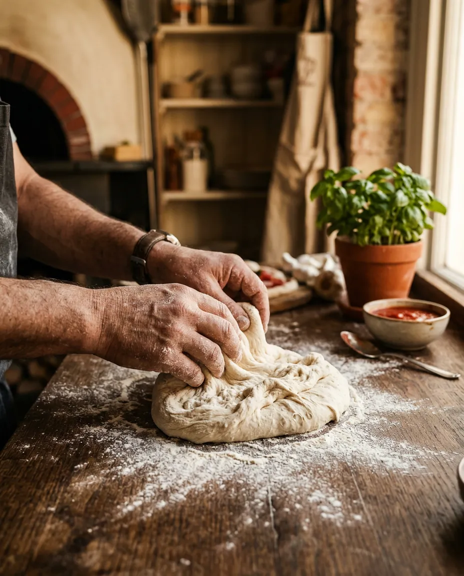 Master pizzaiolo gently kneading and dusting sourdough pizza dough with fine flour in a rustic Italian kitchen