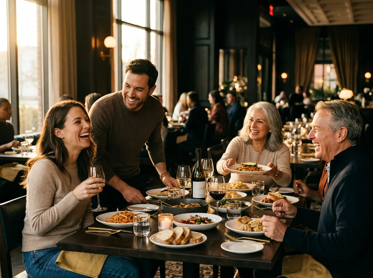 Diners returning to restaurant smiling over dinner